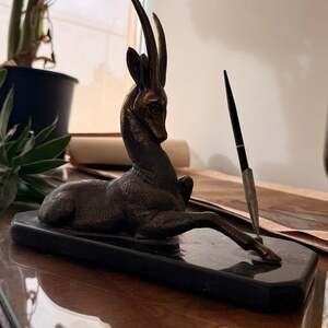 Vintage French Art Deco Spelter Gazelle Statue on Marble Base Pen Holder